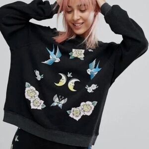 NWT WILDFOX Black Floral, Moon & Swallow Graphic Sweatshirt